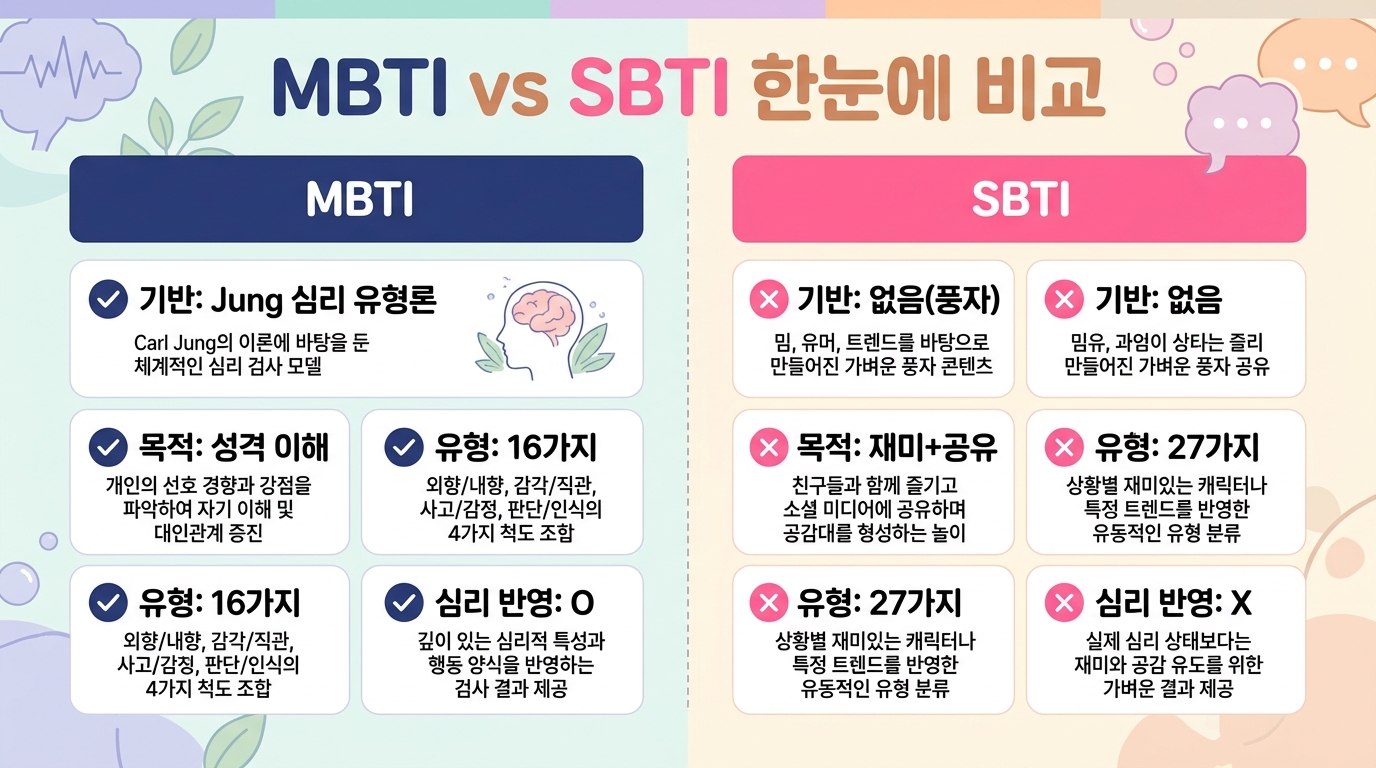 MBTI와 SBTI 비교표 — 목적·유형 수·임상 근거 차이 시각화