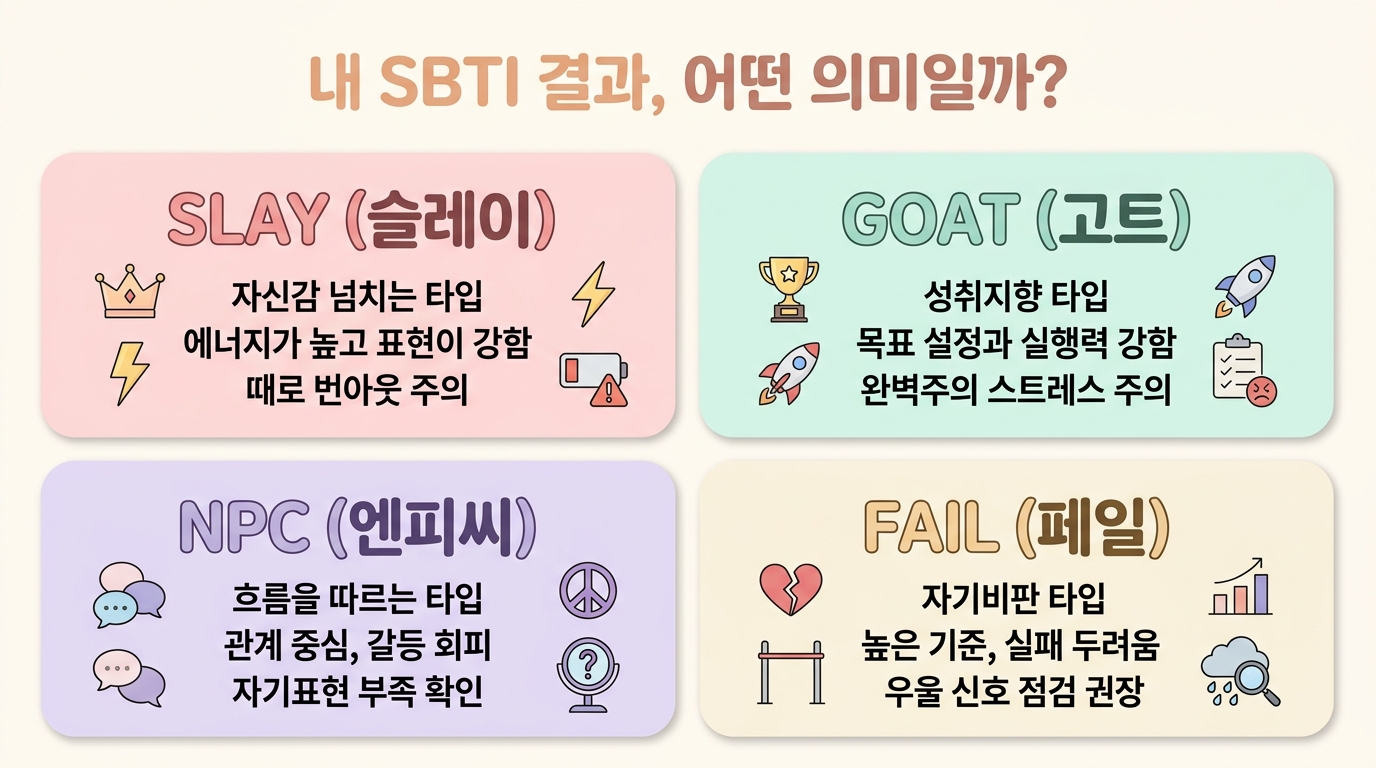 SBTI 결과가 SNS에서 퍼지는 이유 — 공유 욕구와 바넘 효과 설명 일러스트