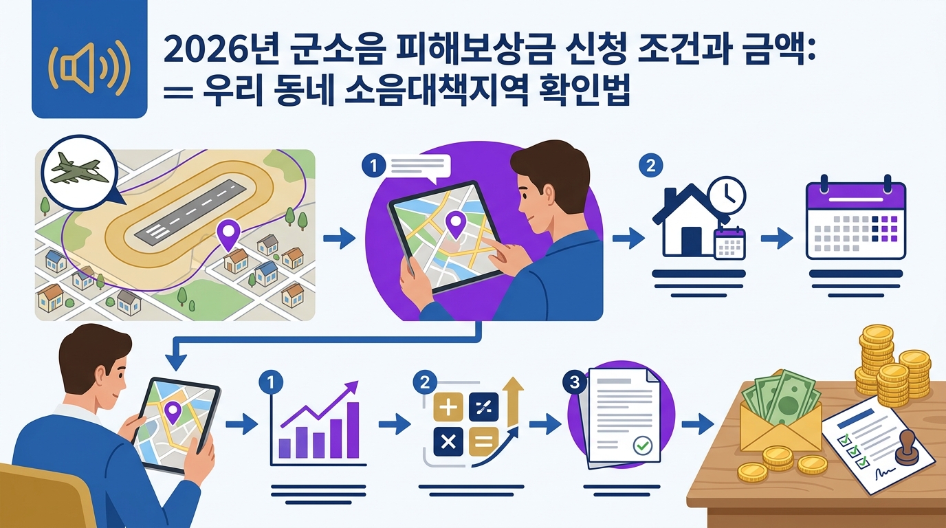 군용 비행장 주변 거주 주민이 받을 수 있는 2026년 군소음 피해보상금의 대상과 신청 자격을 확인하기 위한 기초 준비물과 관련 물품들로 구성된 핵심 정리 가이드입니다.