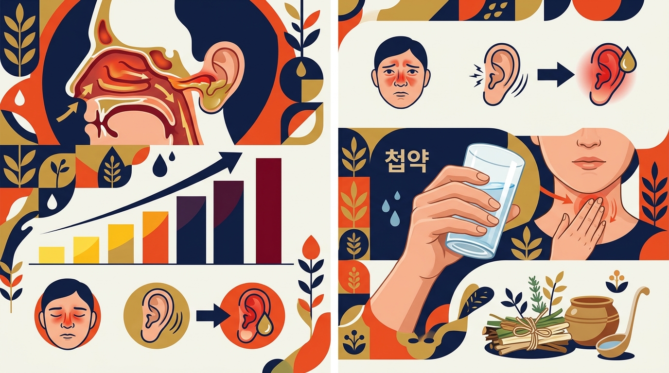 비염으로 인한 이관 기능 장애를 완화하기 위해 물을 마시거나 침을 삼키는 행동은 귀의 먹먹함을 해소하는 데 도움을 주는 유용한 관리 방법입니다